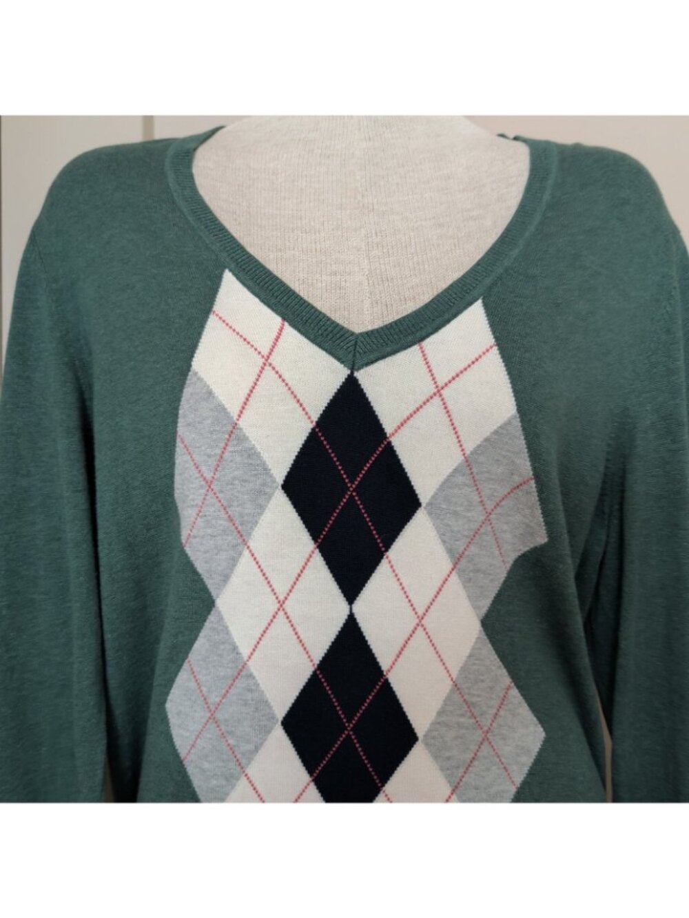 Tommy Hilfiger Womens Green  Pima Cotton Ivy Argyle V-Neck Sweater Size XL-lpb40